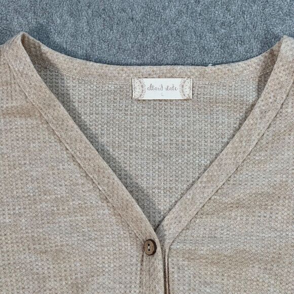 Altar’d State Waffle Knit Button Front Tie Top Women's Large Beige Ruffle Sleeve - Picture 2 of 10